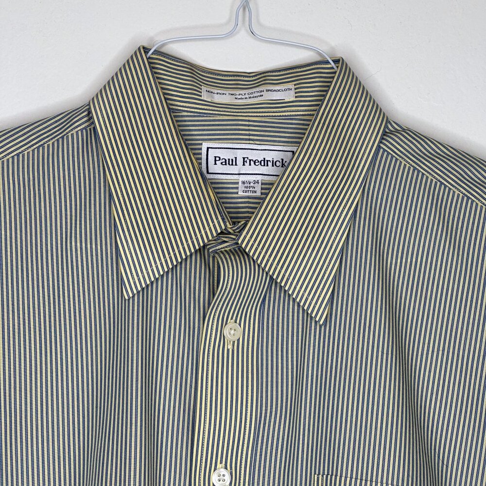 Paul Fredrick Yellow Navy Striped Men’s Button Down Dress Shirt - Picture 5 of 7